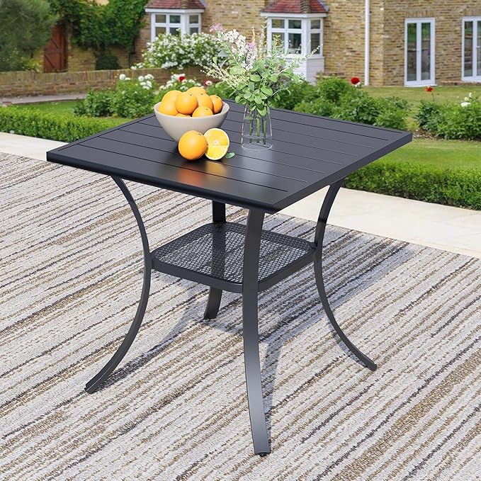27.6 Square Outdoor Patio Table All-Weather Metal Patio Table with Storage ShelfOutdoor Dining Table for Lawn Garden Porch Black
