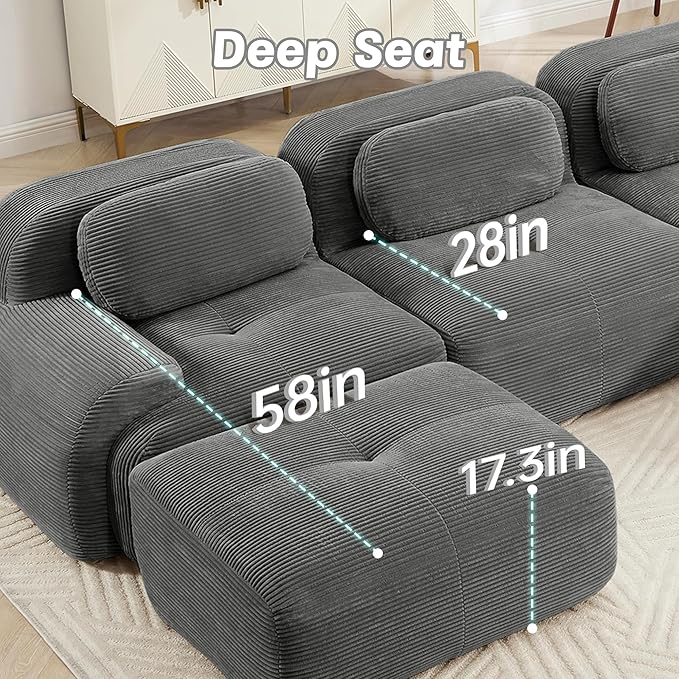 Cloud Sectional Couch Boneless U Shaped Couch 81.8'' Modular Sectional Sofa with Ottoman Modular Loveseat Sofa 2 Seater Corduroy Deep Seat Couches for Living Room No Assembly Couches Grey