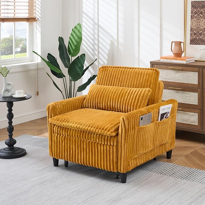 3-in-1 Convertible Sofa Chair BedPull Out Couch Single Sleeper Chair Bedwith Adjustable Backrest with Side Pockets Lounge Sofa for Living Room Bedroom Small Spaces (Yellow)
