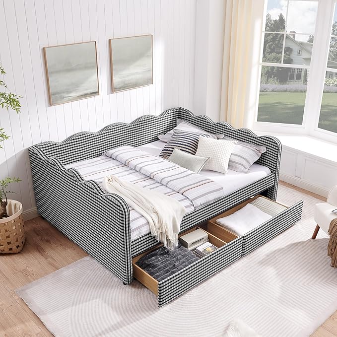 Cozy Gingham Daybed with 2 Drawers Queen Size Sofa Bed No Box Spring Needed with USB Port and Adorable Wave Shaped Linen Fabric Navy (Black+Queen+2 Drawers)