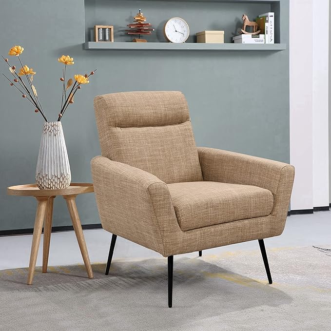 Mid Century Modern Upholstered Fabric Accent Chair Living Room Bedroom Leisure Single Sofa Chair (with Metal Legs) TV armrest seat Suitable for Small Space Home Office Coffee ChairLight Brown