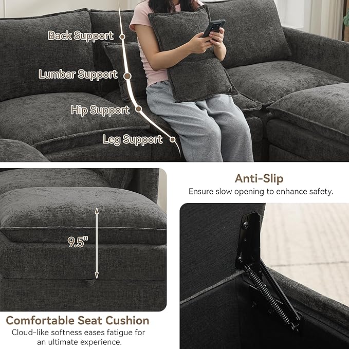 105 Cloud Modular 4 Seater Sofa with 2 Storage Ottoman Modern Upholstered Sofa Storage Sofa Couch Deep Seat U Shape Sectional Sofa Chenille Comfy Couch with Armrests for Living Room Dark Grey | Mo