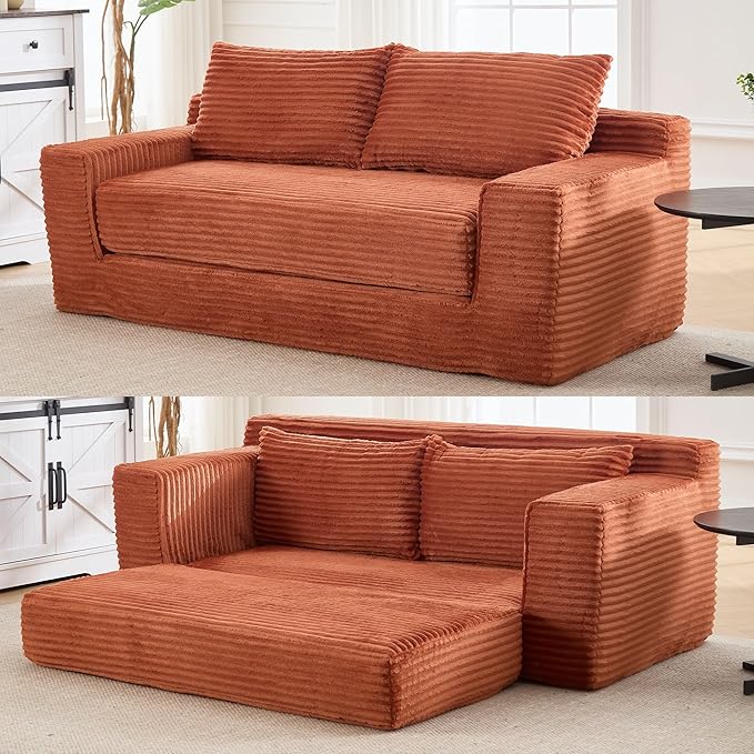 GNIXUU Corduroy Cloud Loveseat Sofa 2 in 1 Convertible Sleeper Sofa with Fixed-Shape Frame Comfy Folding Boneless Love Seat Couches for Living Room Apartment Small Spaces. Orange
