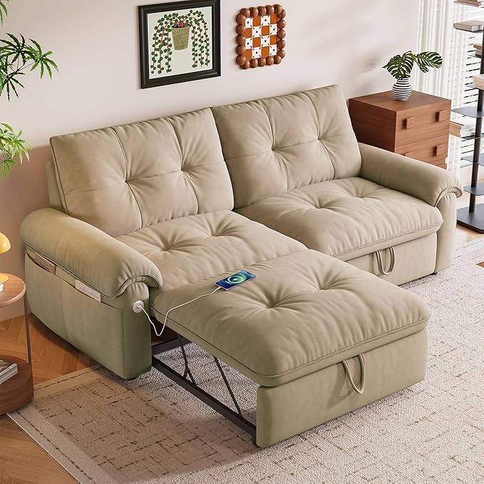 77 Queen Size Sofa Bed 2-in-1 Convertible Sleeper Sofa Bed with Adjustable Backrest Modern Velvet Couch with Side Pocket and USB Ports for Living Rooms Bedrooms Small Spaces (Brown 77.2inch)