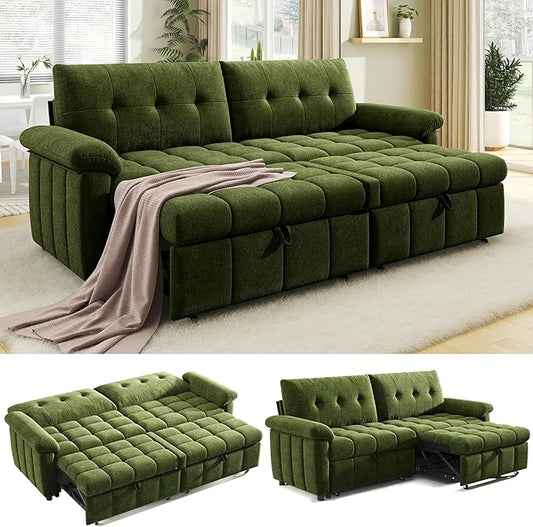 Jocisland 93” 4-in-1 Convertible Sofa Bed Cloud Sleeper Sofa Tufted Chenille 5-Position Adjustable Backrest 10-Minute Tool-Free Assembly Couches for Living Room Guest Room Green
