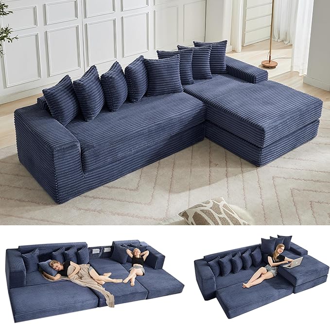 110 Oversized L Shaped Convertible Sleeper Sofa Bed Corduroy Folding Sectional Sofa with 8 Pillows &amp Storage Bags Modern Floor Mattress Couch for Living Room Small Spaces Blue Right Chaise