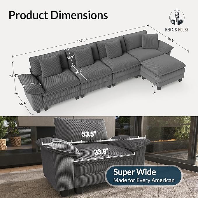 HERA'S HOUSE 158 Modular Sectional Sofa Oversized L Shaped Couches for Living Room Comfy Cloud Couch with Ottoman 5-Seater Deep Seat Sofa with Throw Pillow Corduroy Grey
