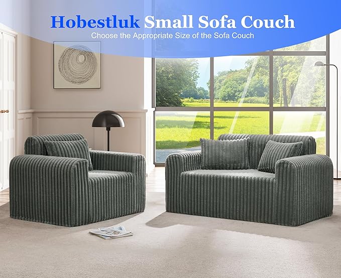 Hobestluk Couch Sofa 2-Seater Foam Sofa Loveseat for Small Spaces Comfy Sofas with Removable Cover Furry Couch with Pillows for Living Room Bedroom Apartment Office (Grey Loveseat)