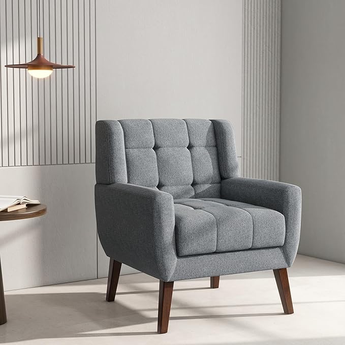 Accent Chair Comfy Mid Century Modern Small Armchairs with Solid Wood Frame and Soft Cushion for Living Room Bedroom (Fabric Grey Set of 2)
