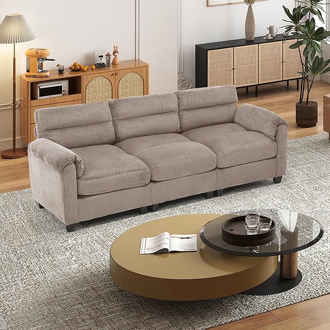 Corduroy Sofa Set Upholstered 3-Seater Couch with Plush Cushions and Rolled Arms Modern Living Room Furniture SetsBrown