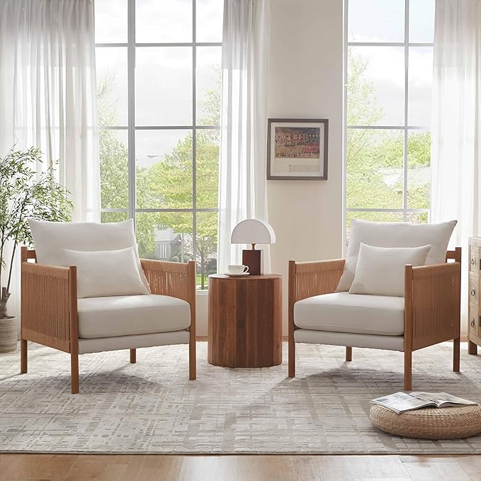 VKNOW Braid Armchair Boho Accent Chair Set of 2 with Solid Wooden Backrest and Armrest Rattan Chair with Waist Pillow for BedroomLiving RoomReading Room White