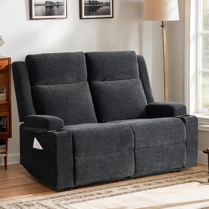 55 Manual Reclining Loveseat Sofa – Space Saving RV Couch with Cup Holders Dual Seat Reclining &amp Love Seat Design Ideal for RV Campers Motorhomes &amp Living Room