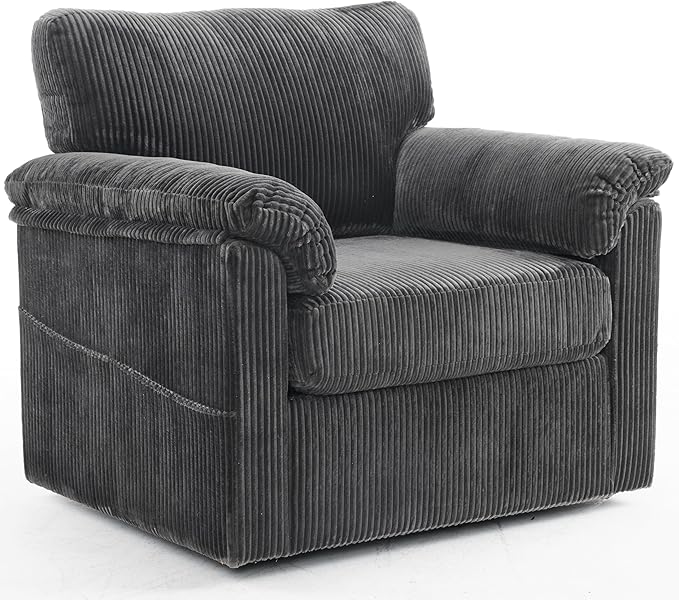 Oversized Swivel Chair 33 Corduroy Swivel Armchair Accent Chair for Living Room Mid Century Modern Comfy Thick Padded Arm Chairs Grey