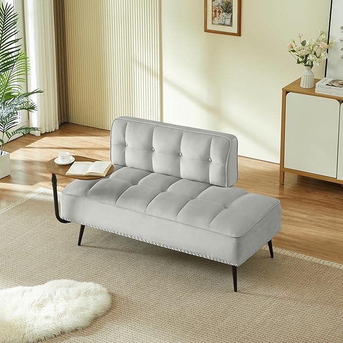 KEIKI 54 2Seat Velvet Loveseat Sofa Couch Rotating Side Table Memory Foam for City Apartment Bedroom Studio Style Conscious Homeowners Luxurious Elegant Sophisticated Refined Quality Design Gray