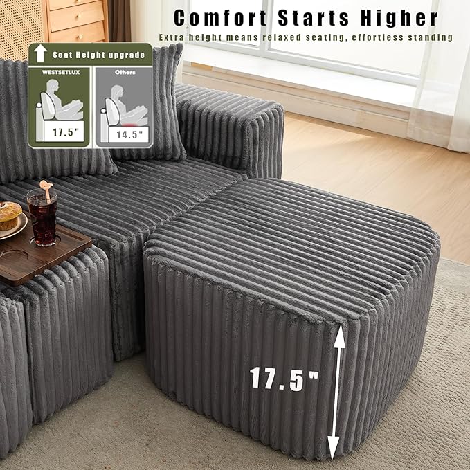 KEIKI 137.5 U-Shaped Sectional Sofa Large 6-Seater Modular Corduroy Couch with Movable Ottoman Smart USB &amp Wireless Charging Module Cup Holder Coffee Table Ideal for Home Gatherings