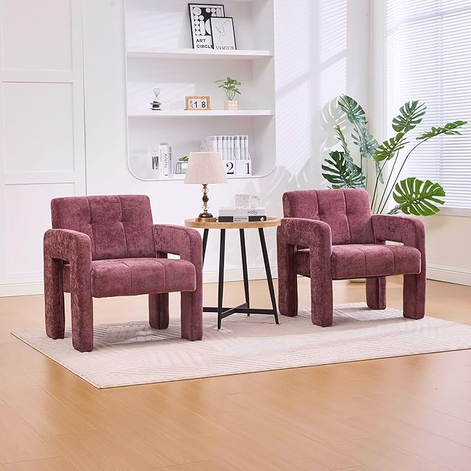 Upholstered Armchair Modern Accent Chair with Chenille Fabric for Living Room Comfortable Padded Single Seat Lounge Chair for Bedroom Office Reading Nook (Wine Red)