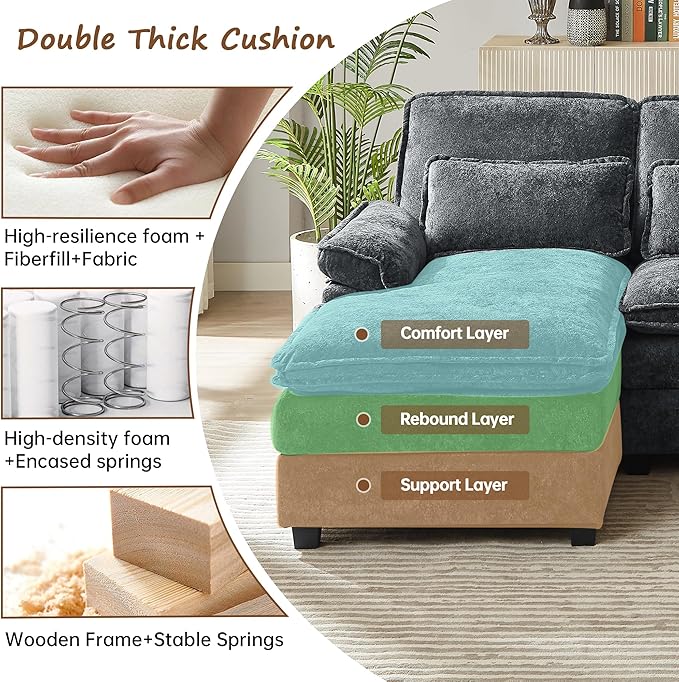 113 U Shaped Sectional Sofa Comfy Cloud Couch Chenille Sofa Sleeper Deep Seat Sofa with 4 Throw Pillows 4-Seater Double-Layer Modern Sofa for Living Room Dark Grey
