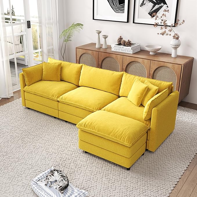 Setawix Deep 3 Seater Couch with Ottoman112.2 L-Shaped Cloud Couches for Living RoomChenille Cloud Sofa Couch with Deep SeatModular Sectional L Shape 3 Seat Sofa for Bedroom (Yellow 3+1)