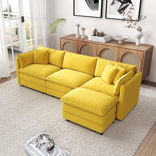 Setawix Deep 3 Seater Couch with Ottoman112.2 L-Shaped Cloud Couches for Living RoomChenille Cloud Sofa Couch with Deep SeatModular Sectional L Shape 3 Seat Sofa for Bedroom (Yellow 3+1)