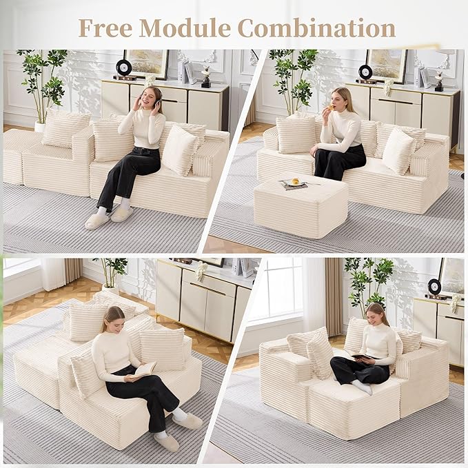 80 Cloud Modular Sectional Sofa with L-Shaped Boneless Couches for Living Room Fluffy Comfy Corduroy Deep Seat with Ottoman Bedroom Apartment No Assembly Required