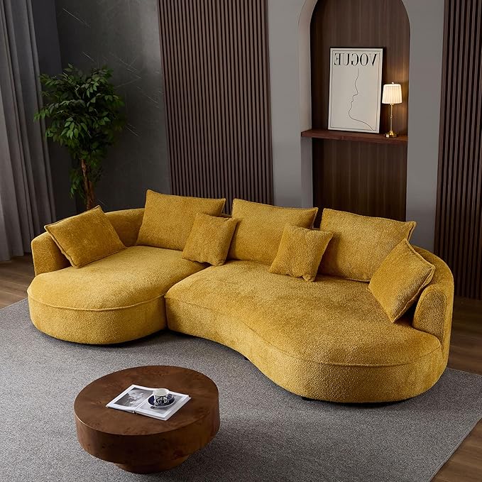 124.8 Yellow Bonded Curved Sofa Living Room Cloud Couch Modern Upholstery Boucle Sofa Comfy Lazy Cream White Modular Sectional Sofa with Pillows for Bedroom Apartment Left Facing