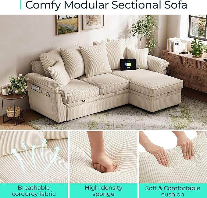 LINSY HOME 90.5'' Sectional Sleeper Sofa with Pull Out Couch Bed Modular (Beige 90.5'') | USB Charging Pillow-style Armrest Multiple Cushions Storage Chaise Corduroy Fabric