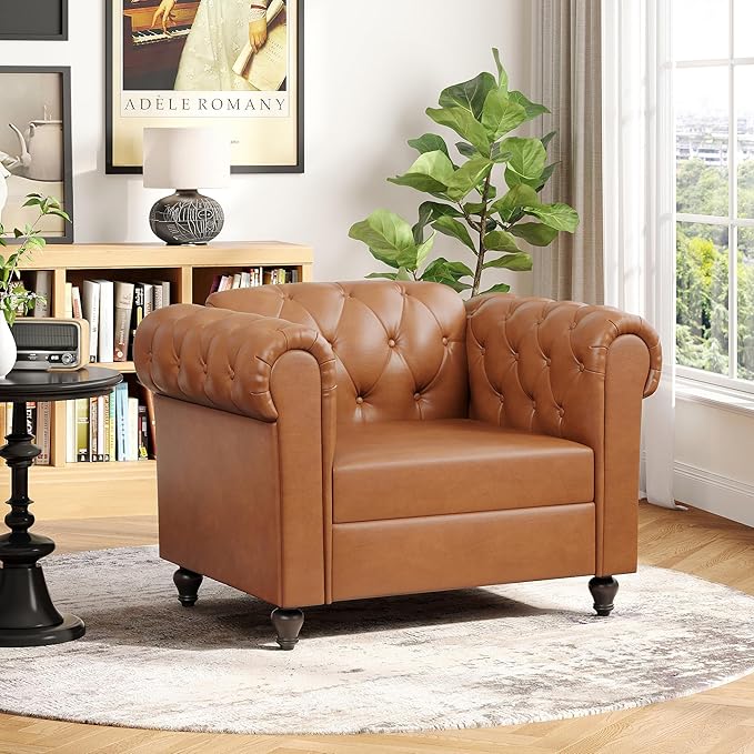Brown Faux Leather Accent Chairs Button-Tufted Upholstered Club Chair Retro Armchairs Mid Century Modern Accent Chair with Solid Wood Legs Cozy Chesterfield Couch Chairs for Living Room Bedroom