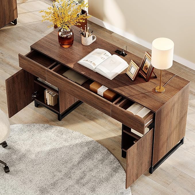 WAMPAT 59 Modern Executive Desk with Drawers Home Office Computer Desk with Charging Station File Drawer Storage Cabinet Wood Writing Desk for Work and Study Dark Brown