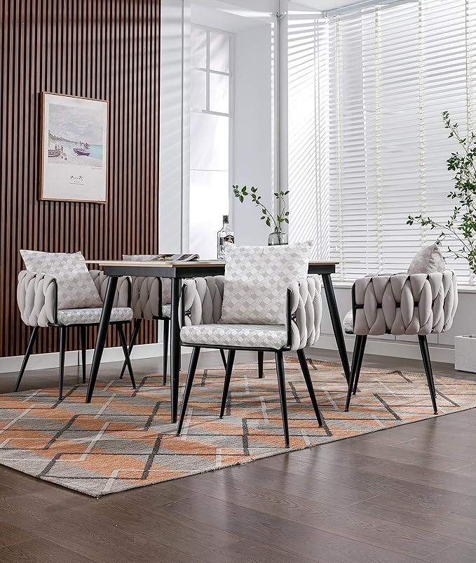 Beige Modern Velvet Dining Chairs Set of 2 Hand Weaving Accent Chairs Living Room Chairs Upholstered Side Chair with Black Metal Legs for Dining Room Kitchen Vanity Living Room