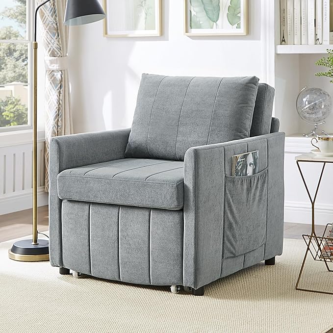 Pull Out Sofa Bed for Living Room 31.5 Upholstered Convertible Sleeper Sofa 3-in-1 Convertible Sleeper Chair with 5-Position Adjustable Backrest Side Pockets and a Storage Basket (Grey/352)