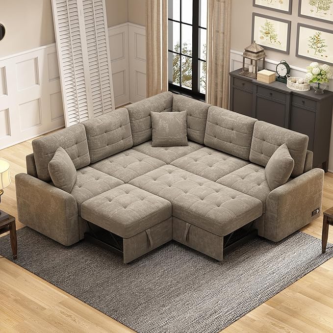 82.6 L-Shape Sofa Bed with Wheels Pull-Out Sleeper Sofa with USB Ports and Power Sockets Multifunctional Convertible Sectional Sofa Set for Living Room Bedroom (khaki-11x)