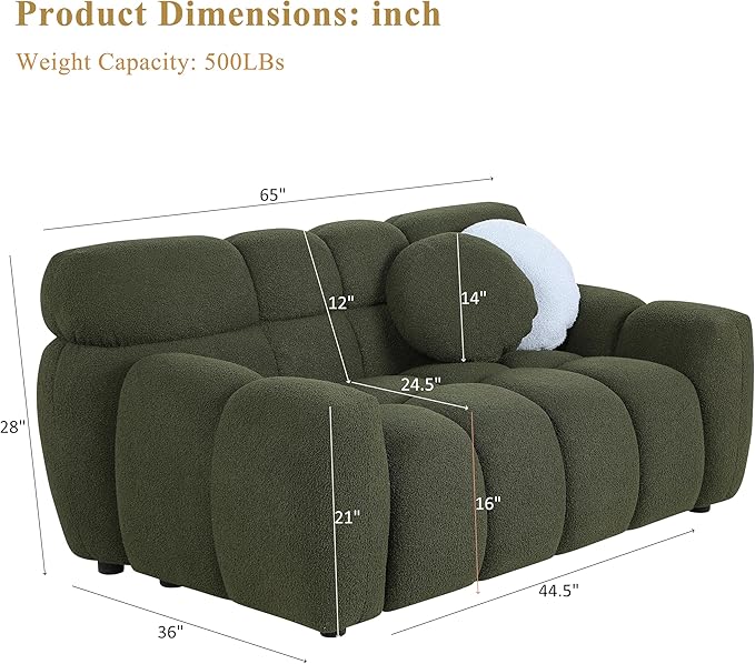 65 Modern Cloud Loveseat Sofa Couch Small Boucle Tufted Love Seat Comfy Upholstered 2 Seater Bubble Curved Sofa with 2 Accent Pillows for Living Room Bedroom Apartment Office Green