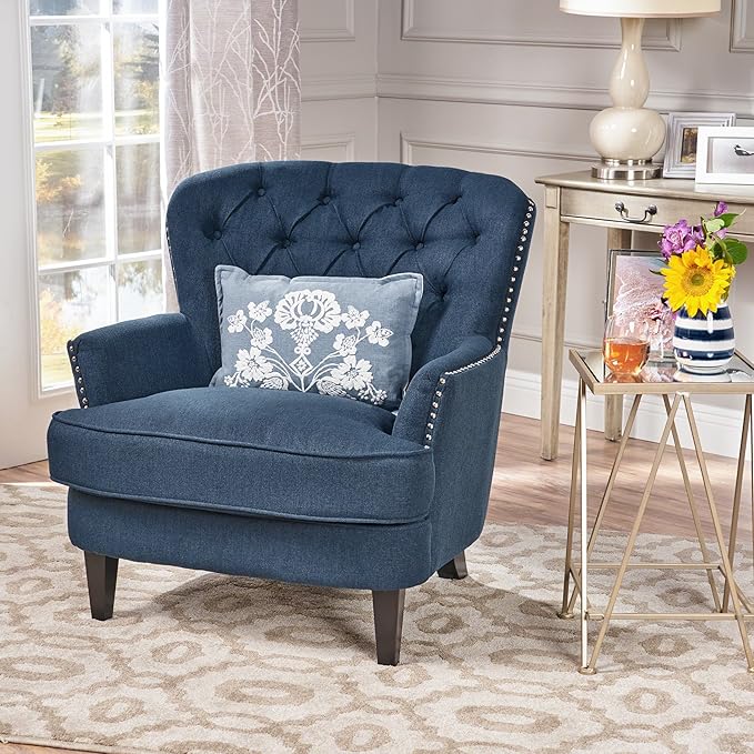 Merax Modern Accent Chair Upholstered Living Room Armchair Comfy Reading Chair Mid Century Chair for Living Room Bedroom Navy Blue