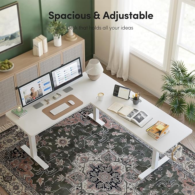 CubiCubi L Shaped Standing Desk 75 x 63 Inch Adjustable Height Electric Corner Desk Sit Stand Home Office Desk with Splice Board White(2 Packages)
