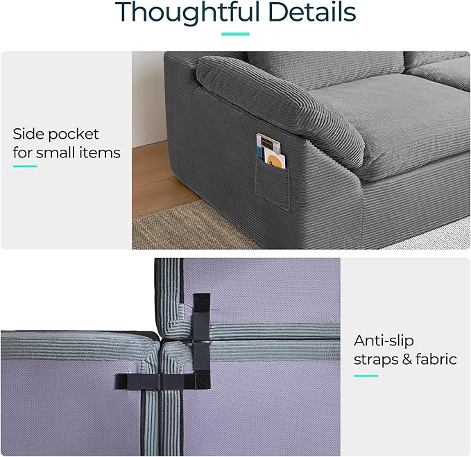 LINSY HOME 109 Modular Couch Modern Boneless Cloud Couch U Shaped Sofa with Movable Ottomans Deep Seat Corduroy Sectional Couches for Living Room Apartment No Assembly Required Grey