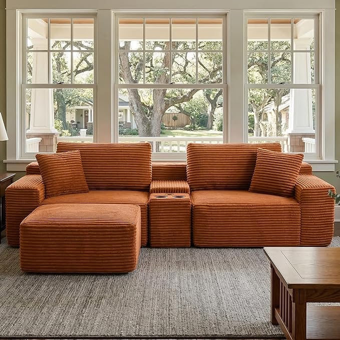 111 Inch Modular Sectional Sofa Couch Oversized Modern Cloud Couch for Living Room L Shape Couches with Ottomans USB Ports and Cup Holders Orange Corduroy Boneless Sofas Sofa in a Box