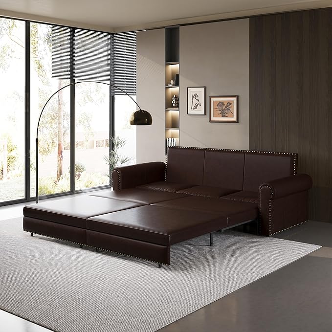 healthomse 93.7 King Size Pull Out Sofa Bed 3-in-1 Faux Leather Convertible Sleeper Sofa with Ultra Rolled Armrests Tufted Modern Sofa with 3 Pillows for Bedroom Living Room Apartment