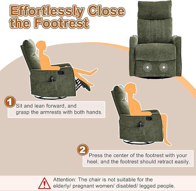 Manual Swivel Rocker Recliner Chair for Adults Overstuffed Glider Chair for Nursery with Massage and Heat Living Room Reclining Chair Fabric Green