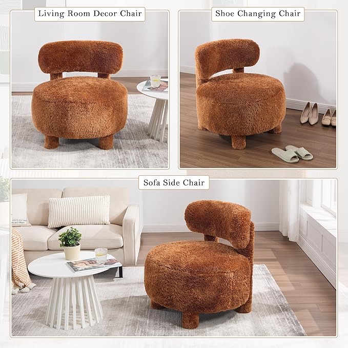 Upholstered Armless Chairs Modern Fur Accent Chair Cute Furry Chairs with Curved Backrest and Solid Wooden Legs for Living Room Bedroom Reading Room Khaki