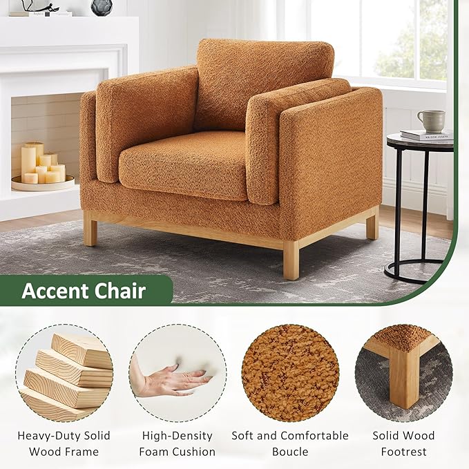 VANOMi 41.34 Oversized Accent Chair Upholstered Armchair with Solid Wood Legs Living Room Chairs with Wide Armrest Pads Reading Chair for Bedrooms Apartments Living Rooms Offices（Curry）