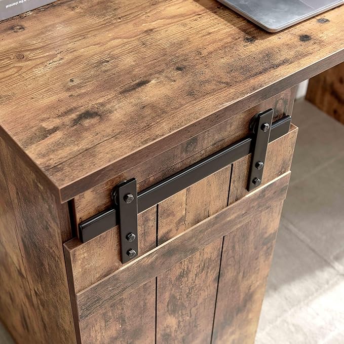 Home Office Desk Distressed Wood One Cabinet Three Shelves Faux Barn Door on Metal Euro Hinges Modesty Panel