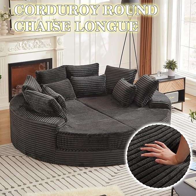 78.5 Corduroy Boneless Round Oversized Sofa Converts into Two Recliners 2-in-1 Sofa Bed Convertible Lounge Chair Neck Pillow Design with Five Throw Pillows (Black Full Circular Sofa)