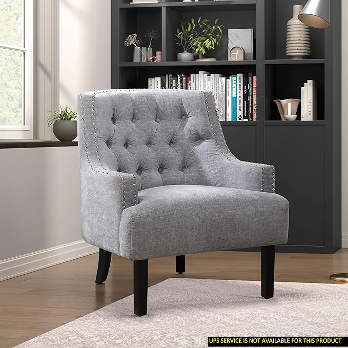 Modern Traditional Chair with Gray Chenille Upholstery and Button-Tufted Design Solid Wood Frame for Living Room Style