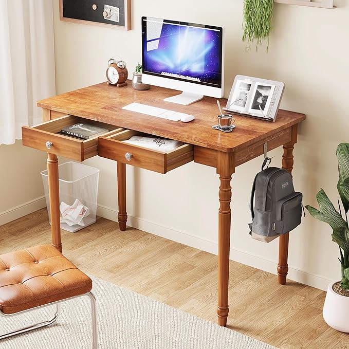 Mid Century Modern Desk 39 Vintage Solid Wood Desk with 2 Drawers Boho Writing Desk Computer Table for Home Office Bedroom Living Room