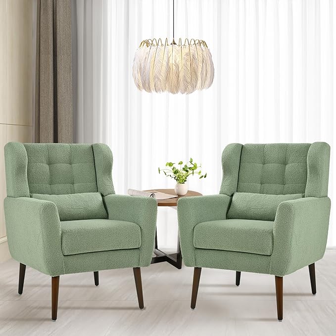 Accent Chair Set of 2 Upholstered Armchair with Pillow Teddy Single Sofa Chair with Lounge Seat and Wood Legs for Living Room Small Spaces