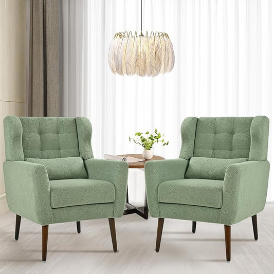 Accent Chair Set of 2 Upholstered Armchair with Pillow Teddy Single Sofa Chair with Lounge Seat and Wood Legs for Living Room Small Spaces