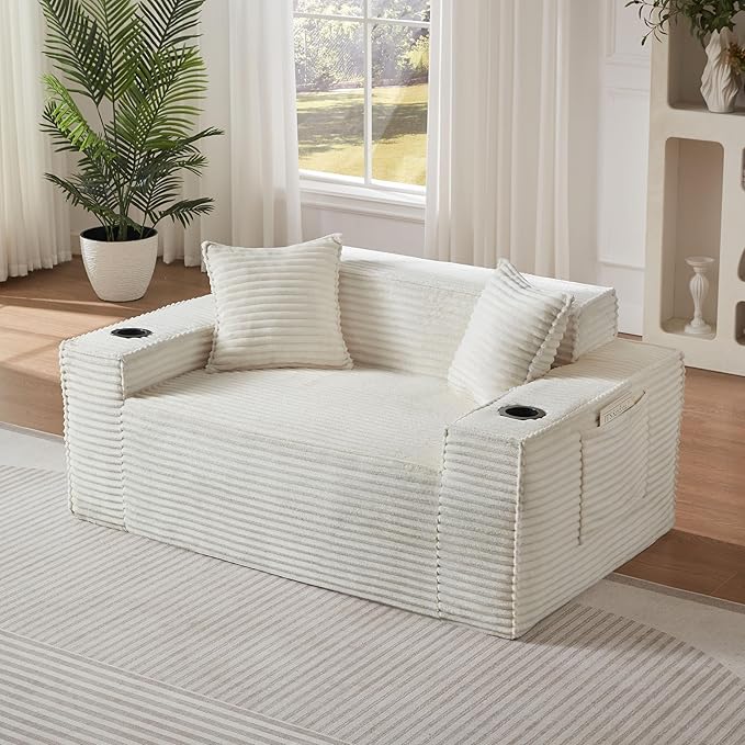 61 Cloud Loveseat Sofa with Cup Holder &amp Side Pocket Corduroy 2 Seater Sofa for Small Spaces Boneless Floor Sofa Couch with Pillow for Living Room Bedroom Apartment (White Loveseat Sofa) | N