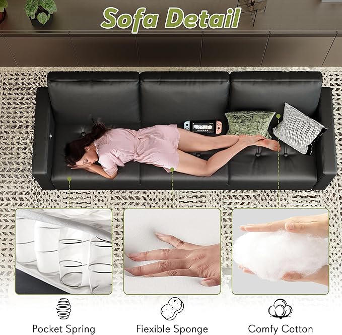 STHOUYN 73” Black Faux Leather Couch Modern Comfy Office 3 Seater Sofa Couch with Tufted Armrest and USB Small Love Seat Couches for Living Room Apartment Bedroom