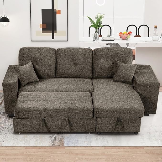 Flieks Reversible Sleeper Sectional Sofa Bed with Side Shelf and 2 StoolsPull-Out L-Shaped Sofa BedCorner Sofa-Bed with Storage Chaise Left/Right Hande for Living RoomKnox Charcoal