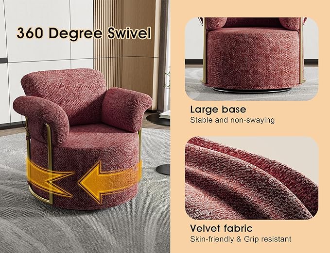 Swivel Accent Chair 360° Bouclé Barrel Chair with Sturdy Metal Frame Red Round Accent Chair with Deep Seat &amp Thick Armrests Soft Reading Lounge Chair for Bedroom Living Room Office